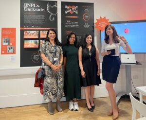 Hannah Duncan with Kam Chana, Head of the RCA’s Future Finance Lab and design students Aishwarya Narvekar and Mahima Madhok at London’s Royal College of Art