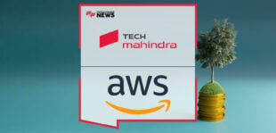 Tech Mahindra launches the i.GreenFinance sustainable lending platform in collaboration with AWS, featuring executives Sandeep Chandna from Tech Mahindra and Satinder Pal Singh from AWS discussing AI-powered ESG lending capabilities.