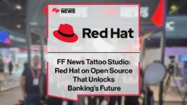 Armin Warda of Red Hat speaking at the FF News Tattoo Studio during Sibos 2025, discussing open-source banking technology and OpenShift strategy.