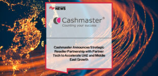 Gordon McKie of Cashmaster International with Ruchi Aggarwal and Terry Wu of Partner Tech Middle East announcing a strategic reseller partnership to expand cash management solutions across the UAE and GCC.